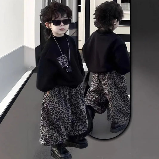 1-18Y Autumn Children's Set 2025 New Fashion Leopard Pattern Pants Korean Stylish Teens Boys' and Girls' Round Neck Hoodies Set