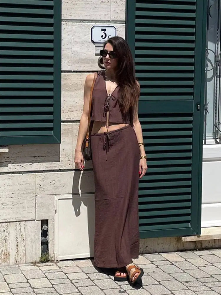 HH Women's Street Vest 2-piece Set Chic V-neck Sleeveless Lace-up Textured Vest + High-waisted Drawstring Casual Skirt Suit