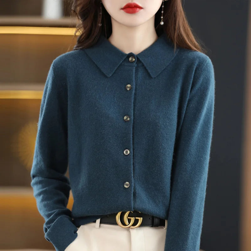 "Women's Pure Wool Lapel Cardigan – Autumn & Winter Casual Sweater"