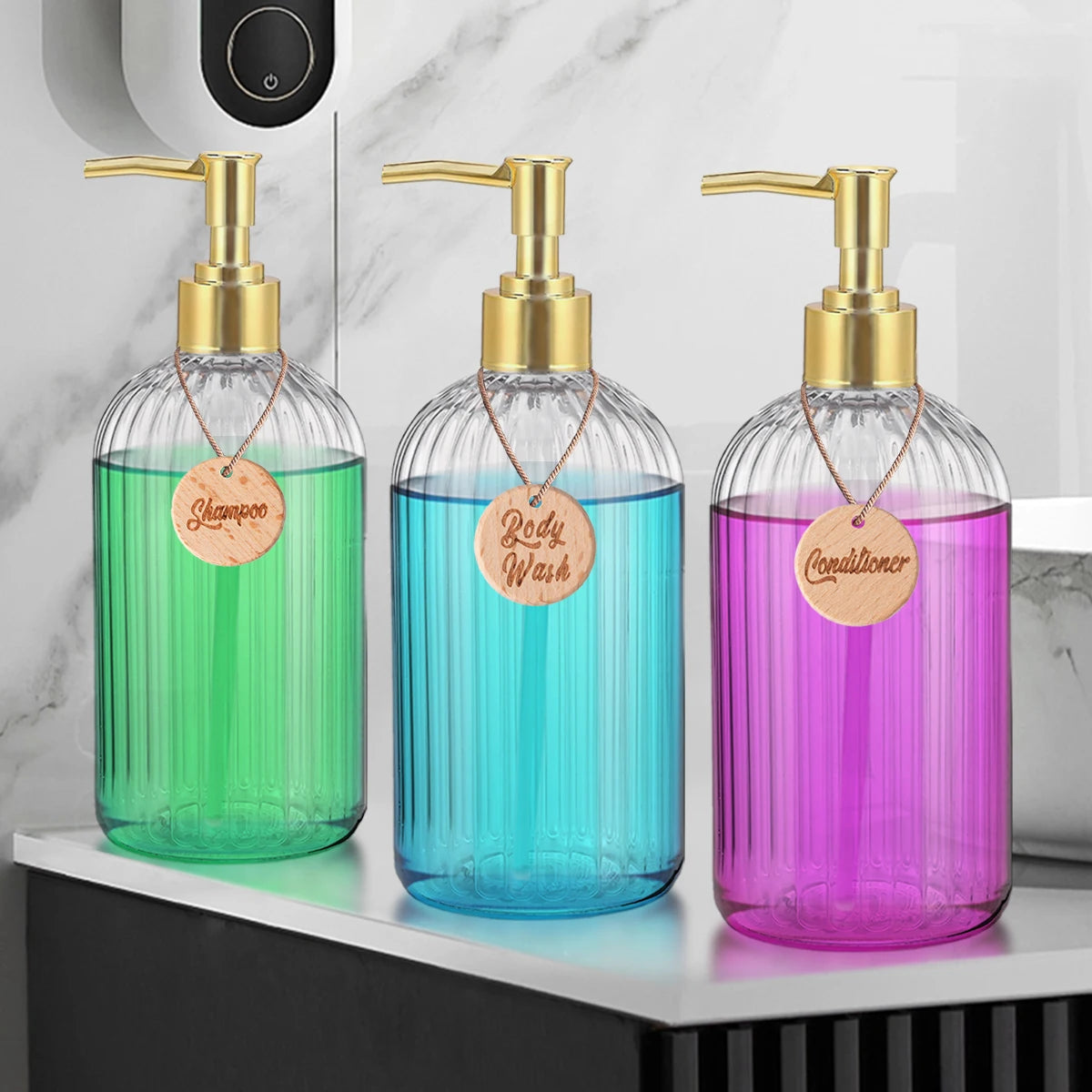 Set of 3 Refillable Shampoo and Conditioner Bottles, 16.9oz/500ml Elegant Guest Room Decoration Shampoo Dispenser with Gold Pump