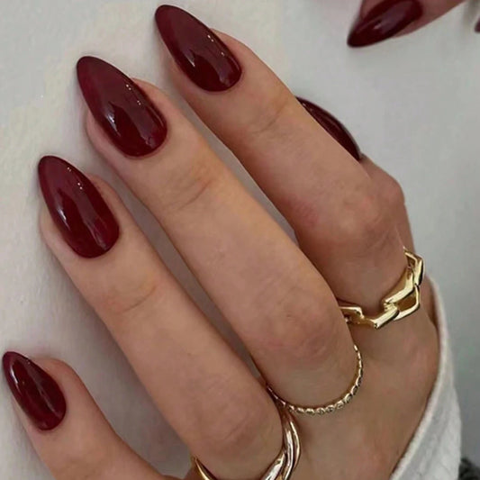 24 PCs Medium-sized Almond French Simple Solid Fake Nails Nails with 1 Jelly Gel and 1 Nail File