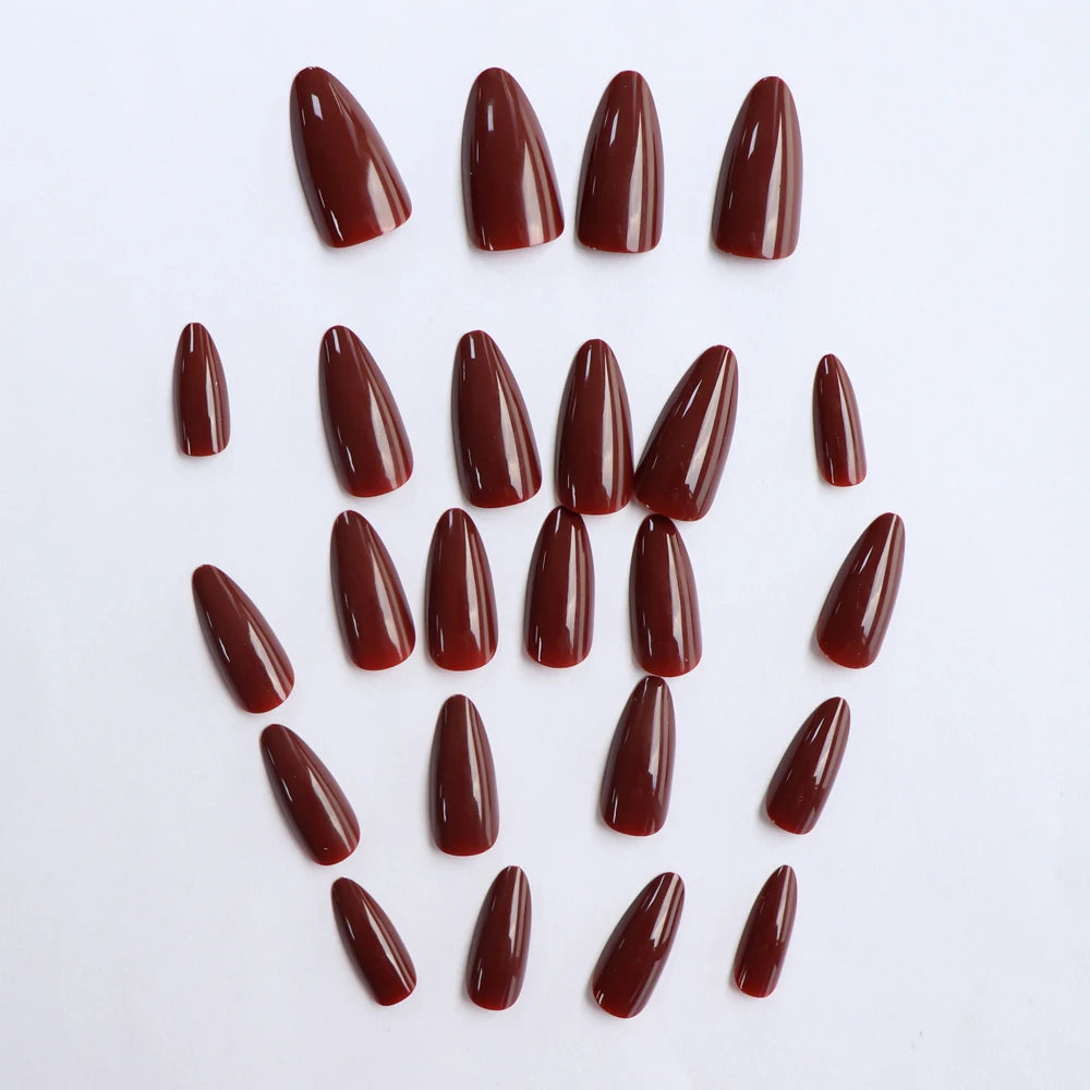 24 PCs Medium-sized Almond French Simple Solid Fake Nails Nails with 1 Jelly Gel and 1 Nail File