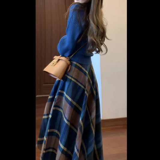 Spring and Autumn Women's American Retro Royal Blue Lantern Sleeve Knitted Sweater and Plaid Skirt Suit High Waist Umbrella Skirt Fashionable and Elegant Long Sleeve Pullover Commuting Suit
