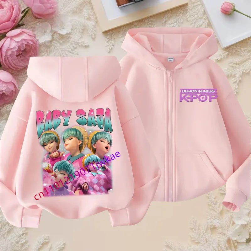 Kid Girl Boy Sweatshirt Zipper Pink Hoody Baby Casual Tops Funny Zip Up Sweatshirts Kpop Demon Hunters Hoodie Children Clothes