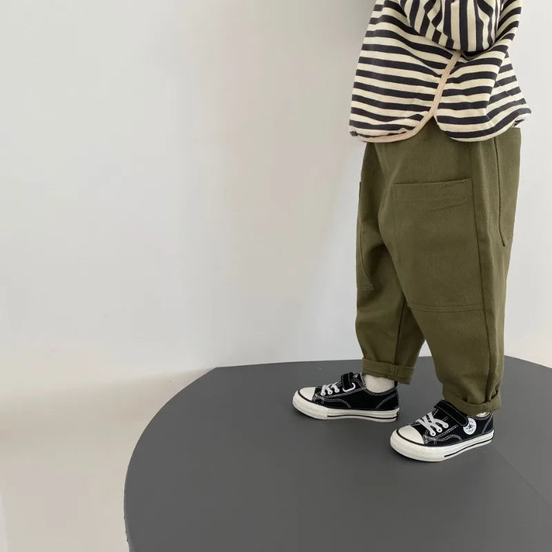 Spring Autumn New Kids cargo pants solid color big pockets Boys Trousers fashion Girls loose casual pants