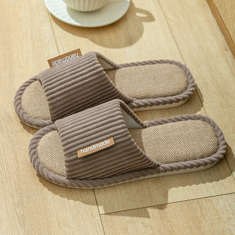 Striped Slippers Women Autumn Home Linen Flip Flops Couples Indoor House Non Slip Sandals Guest Shoes Male Flat Flax Sneaker