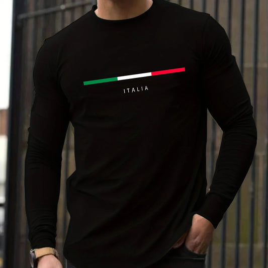 Men's Spring and Autumn 100% Cotton Loose Comfortable Casual ITALIA Letter Pattern Printed Round Neck Long Sleeve T-shirt