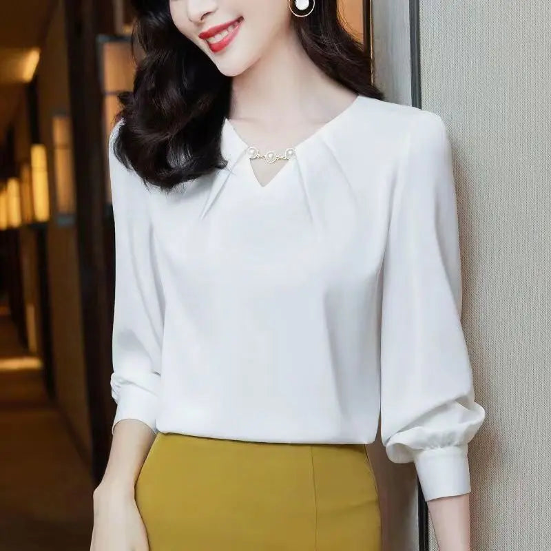 Spring Autumn Women's Clothing Embroidered Flares Pullover Blouses Fashion V-Neck Solid Color Long Sleeve Chiffon Shirts