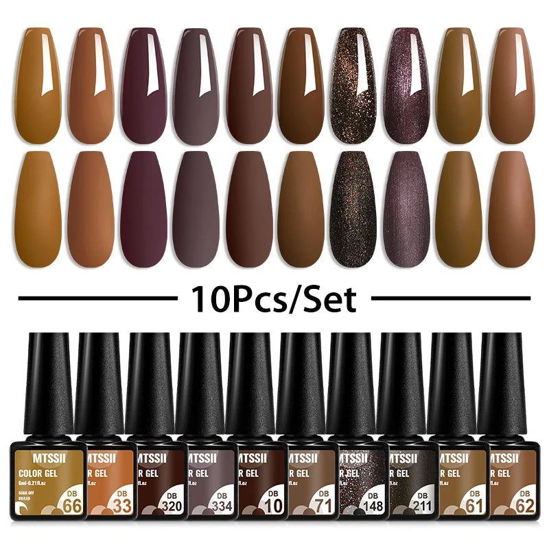 10PCS Coffee Color Gel Nail Polish Set Brown Earth Semi Permanent UV Gel Chocolate Autumn Winter Soak Off Nail Art Gel Varnish