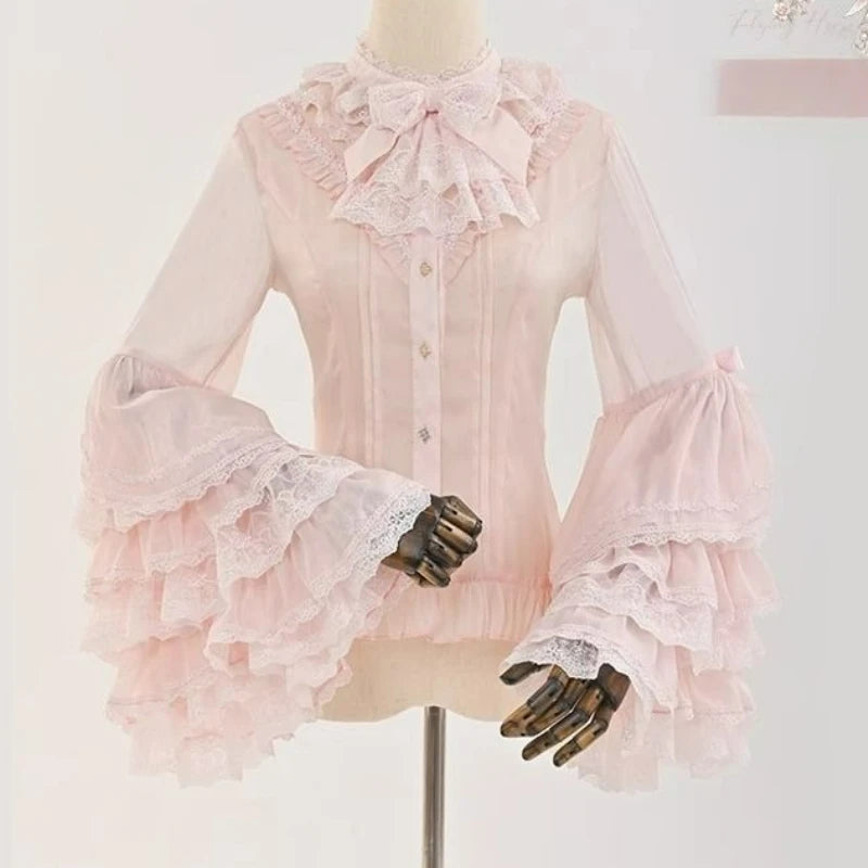 Pink Japan Lolita Flare Sleeve Sweet Bow Shirts Y2k Aesthetic Slash Neck Lace Patchwork Blouse Women Loose Grunge Ruffled Blusas