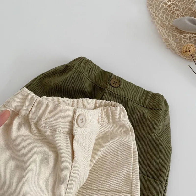 Spring Autumn New Kids cargo pants solid color big pockets Boys Trousers fashion Girls loose casual pants