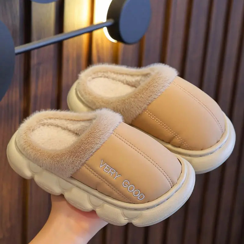 Waterproof Anti-Slip Kids Slippers Winter Warm Plush House Shoes for Boys Girls Indoor Outdoor Home Use