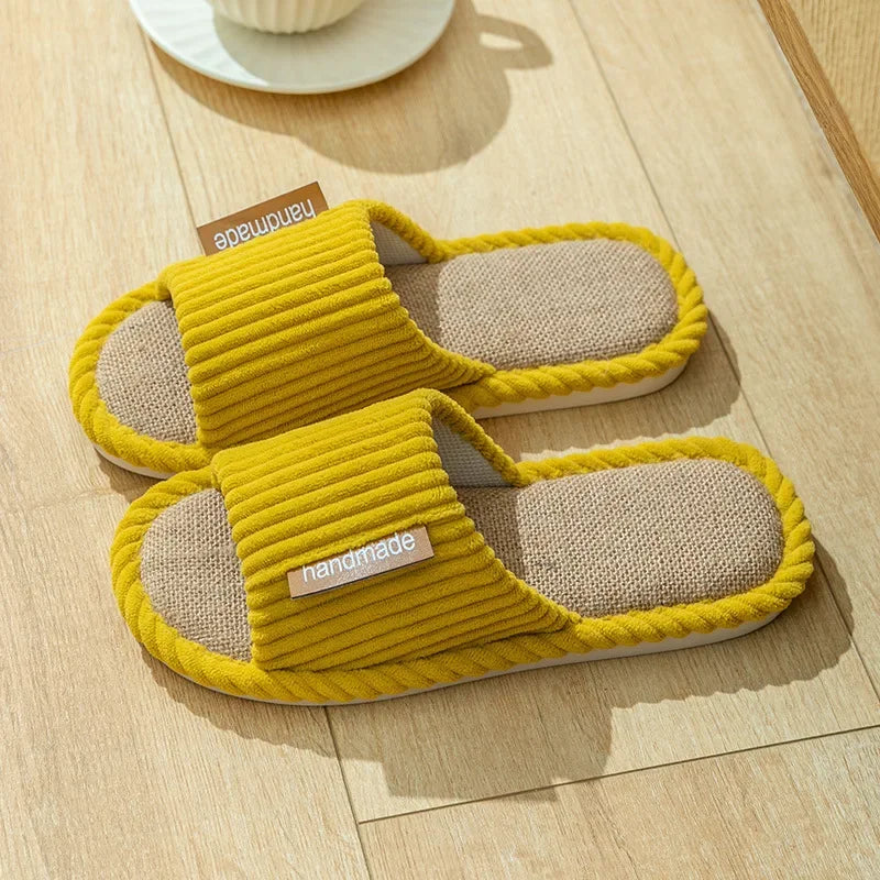 Striped Slippers Women Autumn Home Linen Flip Flops Couples Indoor House Non Slip Sandals Guest Shoes Male Flat Flax Sneaker