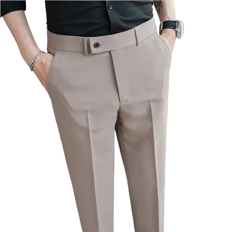 2025 Summer Thin White Elastic Nine Cent Suit Pants for Men,gray Blue Four-side Elastic Comfortable Drape Men's Casual Trousers