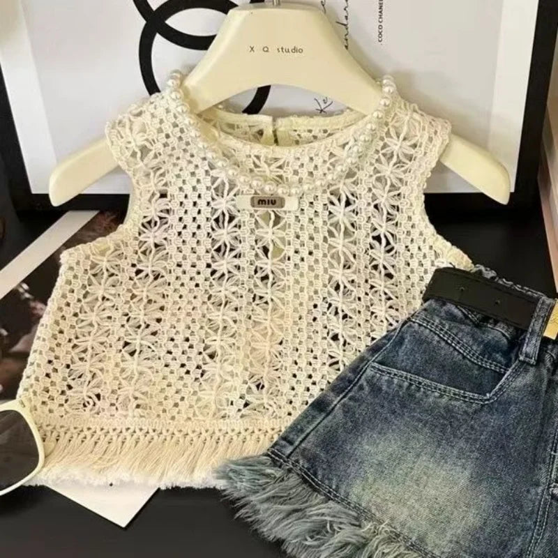 Girls' Summer Collection 2025 New Style Baby Girl Fashion Knitted Strap Top Cowboy Shorts 3-Piece Set Children's Clothing