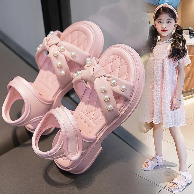 Little Girls Sandals 2024 Summer New Princess Shoes with Pearl for Party Wedding Kids Anti Slip Knot Beach Shoes for Vacation