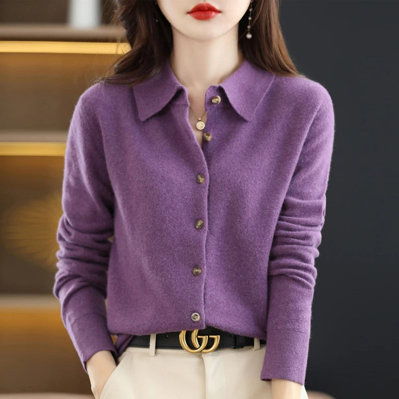 "Women's Pure Wool Lapel Cardigan – Autumn & Winter Casual Sweater"