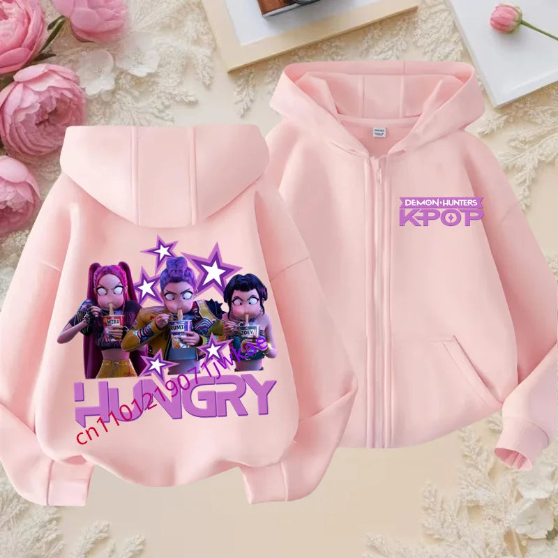 Kid Girl Boy Sweatshirt Zipper Pink Hoody Baby Casual Tops Funny Zip Up Sweatshirts Kpop Demon Hunters Hoodie Children Clothes