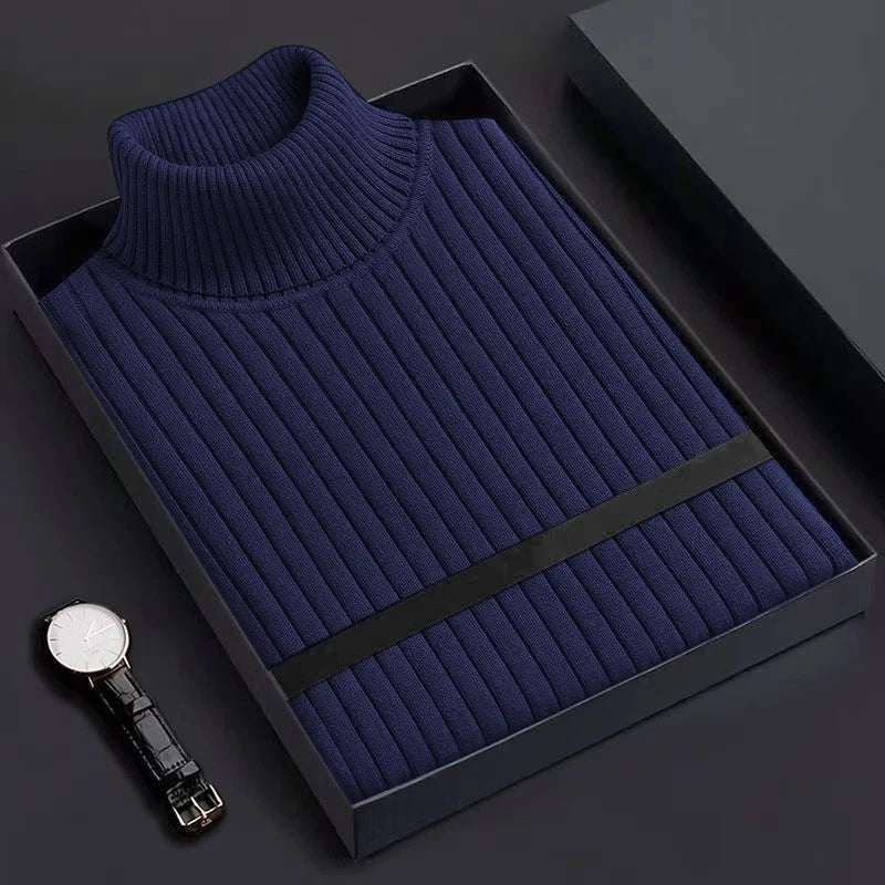 New Men's Slim Fit Pullover Woolen Sweaters Long Sleeve Turtleneck Heavyweight Tops Casual Stripe Knitted Winter Warm Outerwear