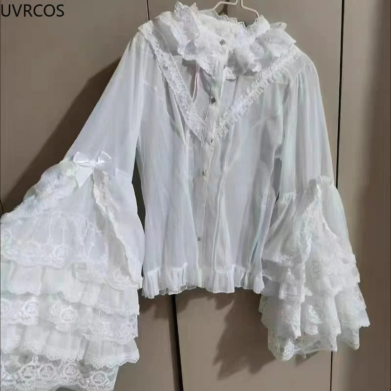 Pink Japan Lolita Flare Sleeve Sweet Bow Shirts Y2k Aesthetic Slash Neck Lace Patchwork Blouse Women Loose Grunge Ruffled Blusas