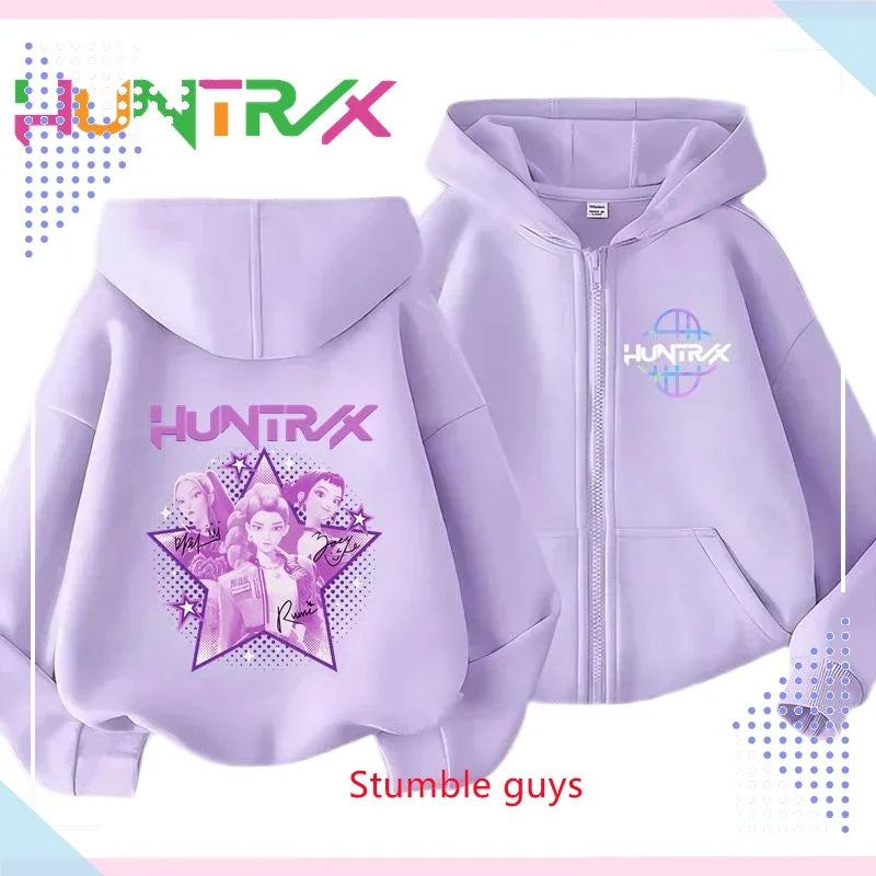 Kids Purple Zipper Hoodies Spring Autumn Kpop Demon Hunters Sweatshirt For Spring Picnic & Autumn Walk