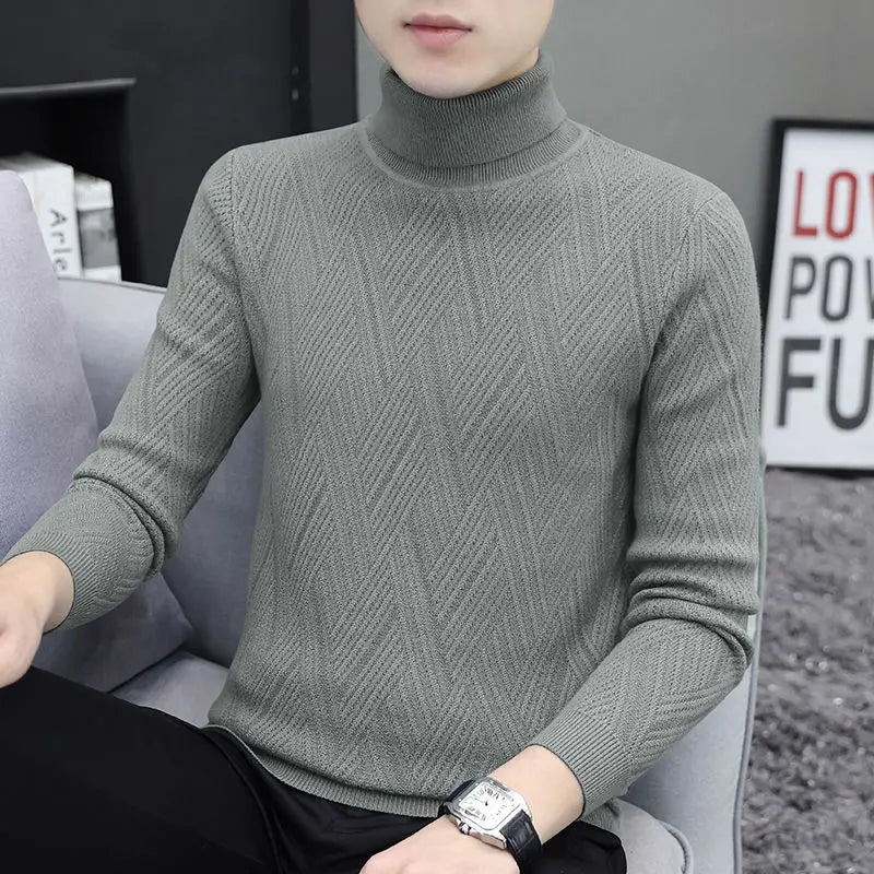Men's Turtleneck Sweater Knitted Sweater Slim Lapel Top Pullover Clothes Solid Color Winter Thick Thread