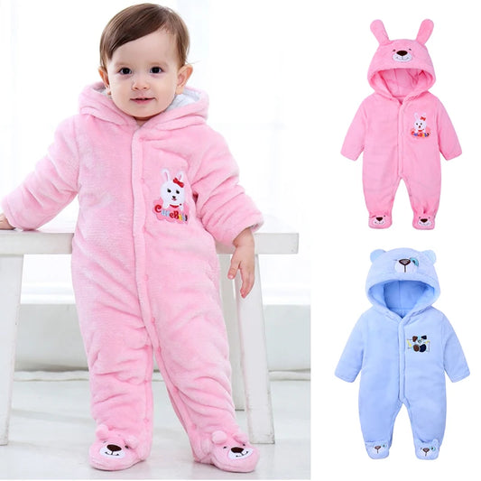 Winter Baby Rompers Plush Newborn Onesie Infant Warm and Thick Cartoon Rabbit Cotton Clothes for 0-2 Years