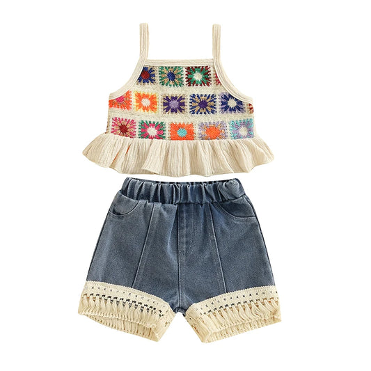 Pudcoco Kids Baby Girls Shorts Set, Flowers Camisole with Tasseled Denim Shorts Summer 2-piece Outfit 6M-4T