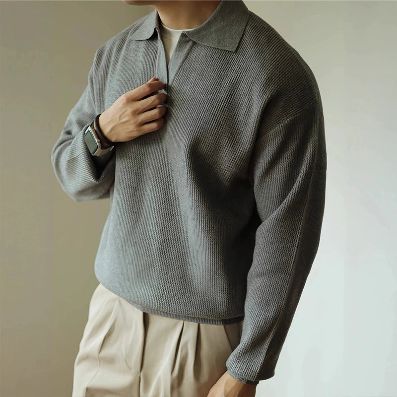 New American Chic Men Polo Sweater Luxury Trendy Business V Neck Knit Solid Color Pullover Leisure Slim-fit Long Sleeve Knitwear
