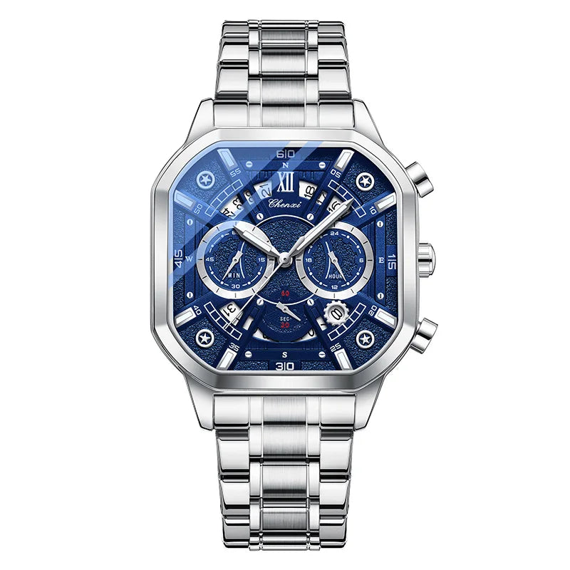 CHENXI High Quality Luminous Timing Function Watches For Man Silver Case Stainless Steel Strap Quartz Wristwatches Clock Gifts