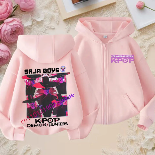 Kid Girl Boy Sweatshirt Zipper Pink Hoody Baby Casual Tops Funny Zip Up Sweatshirts Kpop Demon Hunters Hoodie Children Clothes