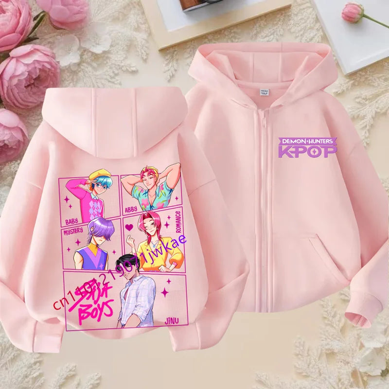 Kid Girl Boy Sweatshirt Zipper Pink Hoody Baby Casual Tops Funny Zip Up Sweatshirts Kpop Demon Hunters Hoodie Children Clothes