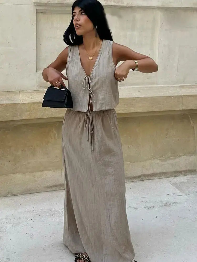 HH Women's Street Vest 2-piece Set Chic V-neck Sleeveless Lace-up Textured Vest + High-waisted Drawstring Casual Skirt Suit