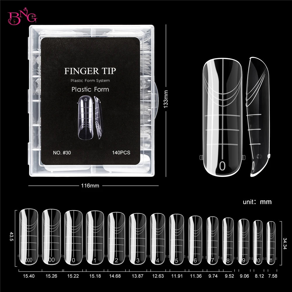 BNG 140Pcs Poly Extension Gel Dual Nail Forms Reusable Nail Molds for Builder Extension 14 Size Top Forms for Nail Art Design