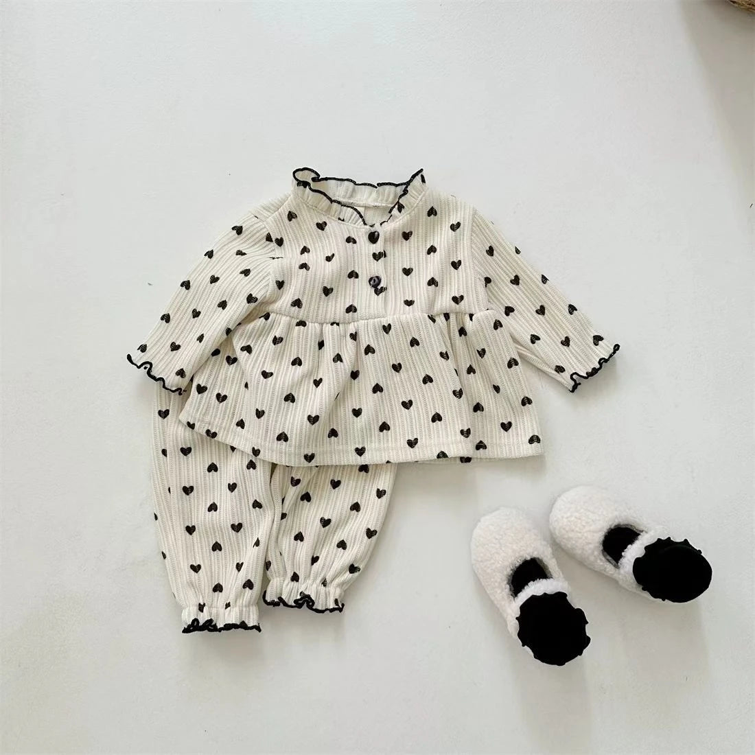 TZ2543 Korean Style Baby Casual Outfit with Heart Lace Trim Doll Shirt And Pants Spring Autumn Infant Clothing Two-Piece Set