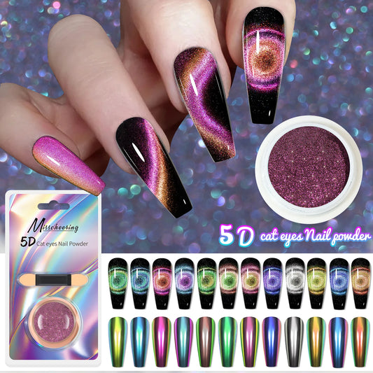 5D Chameleon Cat's Eye Magnetic Nail Glitter Pigment Achieve Holographic Chrome Nails Laser Effect for Nail Gel Polish Manicures