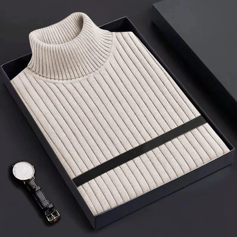 New Men's Slim Fit Pullover Woolen Sweaters Long Sleeve Turtleneck Heavyweight Tops Casual Stripe Knitted Winter Warm Outerwear