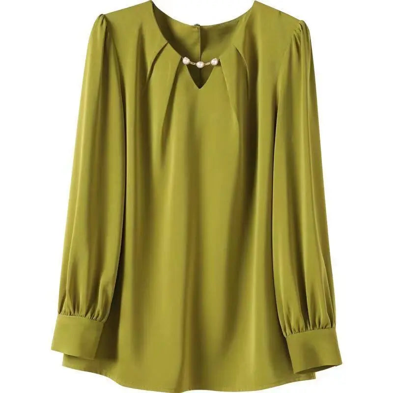 Spring Autumn Women's Clothing Embroidered Flares Pullover Blouses Fashion V-Neck Solid Color Long Sleeve Chiffon Shirts