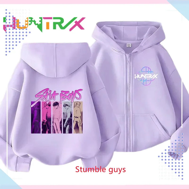 Kids Purple Zipper Hoodies Spring Autumn Kpop Demon Hunters Sweatshirt For Spring Picnic & Autumn Walk