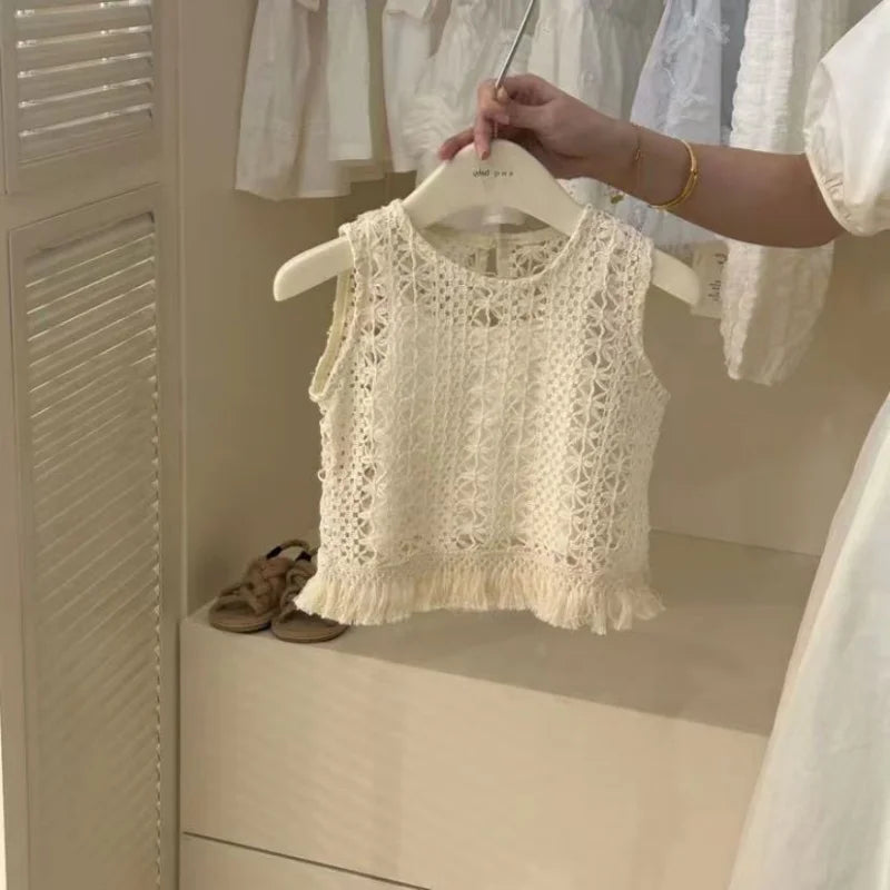 Girls' Summer Collection 2025 New Style Baby Girl Fashion Knitted Strap Top Cowboy Shorts 3-Piece Set Children's Clothing