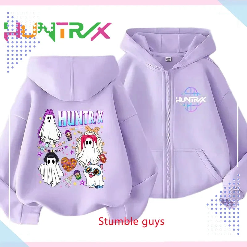 Kids Purple Zipper Hoodies Spring Autumn Kpop Demon Hunters Sweatshirt For Spring Picnic & Autumn Walk