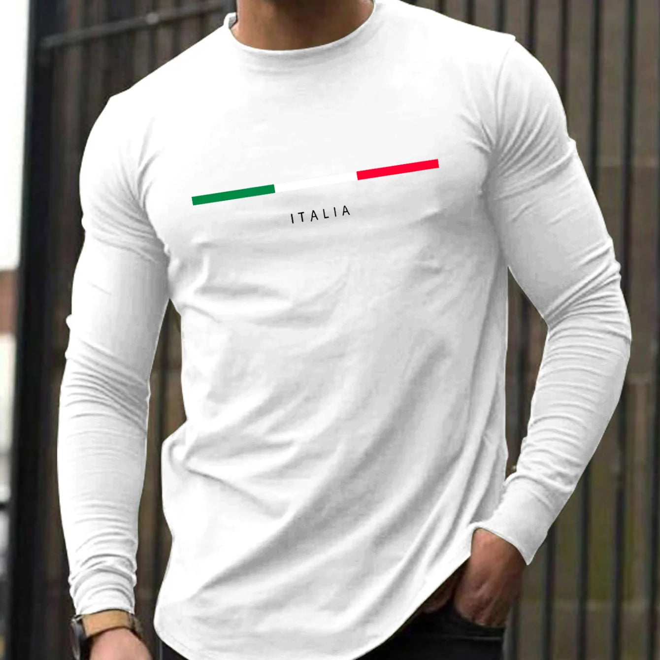 Men's Spring and Autumn 100% Cotton Loose Comfortable Casual ITALIA Letter Pattern Printed Round Neck Long Sleeve T-shirt