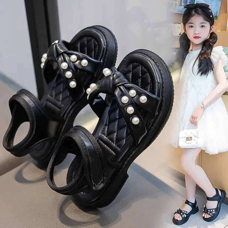 Little Girls Sandals 2024 Summer New Princess Shoes with Pearl for Party Wedding Kids Anti Slip Knot Beach Shoes for Vacation