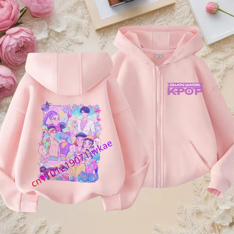 Kid Girl Boy Sweatshirt Zipper Pink Hoody Baby Casual Tops Funny Zip Up Sweatshirts Kpop Demon Hunters Hoodie Children Clothes