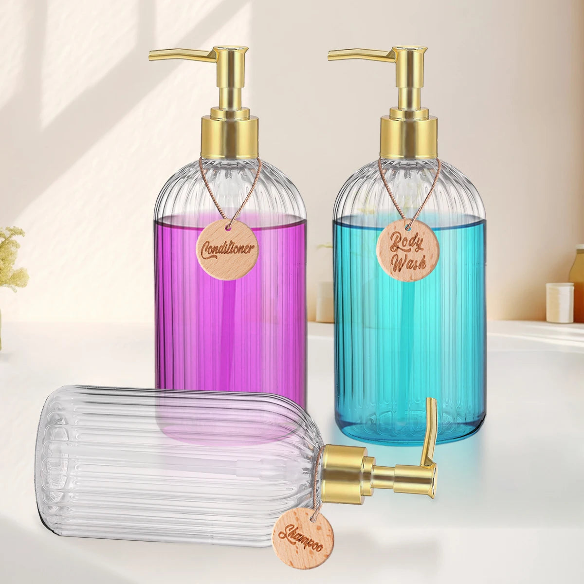Set of 3 Refillable Shampoo and Conditioner Bottles, 16.9oz/500ml Elegant Guest Room Decoration Shampoo Dispenser with Gold Pump