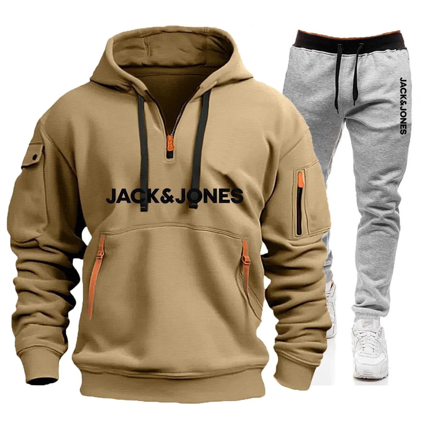 Two sets of men's sportswear for autumn/Winter 2025, including a sweatshirt and two sets of fitness jogging pants with wool caps