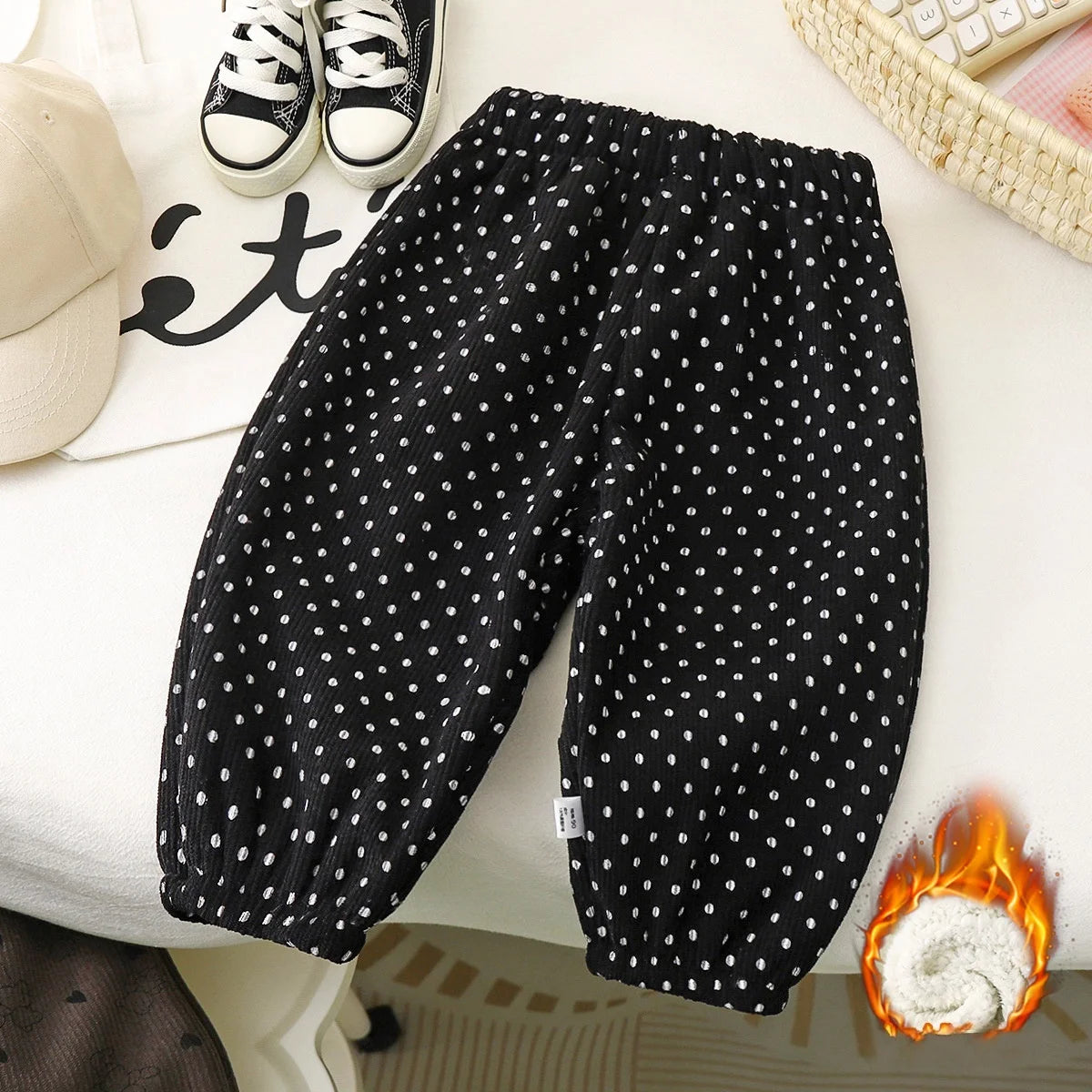 Winter Warm Fleece Lined Kids Pants Printed Toddler Boys Girls Trousers Retro Polka Dot Pattern Children's Clothes