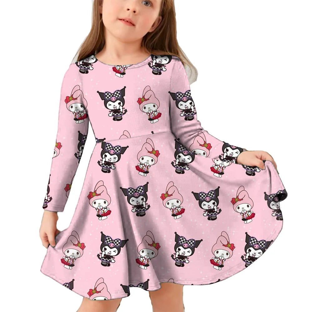 Hello Kitty Kuromi Autumn Dress Girl Dresses Children Dresses Kawaii 3d Cartoon Print Cute Kuromi Girl Clothing Vestidos