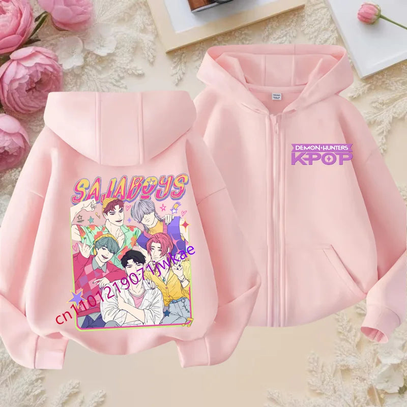 Kid Girl Boy Sweatshirt Zipper Pink Hoody Baby Casual Tops Funny Zip Up Sweatshirts Kpop Demon Hunters Hoodie Children Clothes