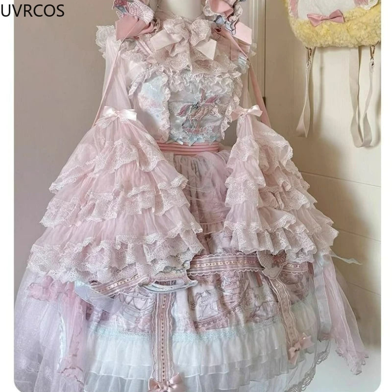 Pink Japan Lolita Flare Sleeve Sweet Bow Shirts Y2k Aesthetic Slash Neck Lace Patchwork Blouse Women Loose Grunge Ruffled Blusas